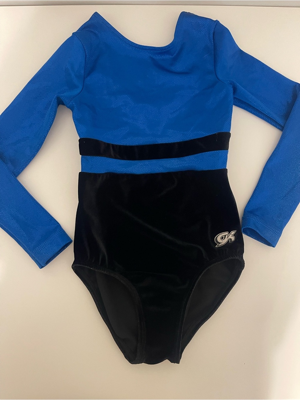 GK Royal Blue and Black Performance Leotard Gymnastics Tumbling CM good used con